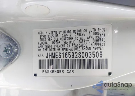 2002 Honda Civic Lx из США, поврежденный, VIN JHMES16592S003509